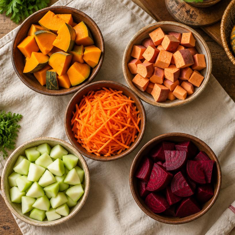 Verduras e legumes cortados